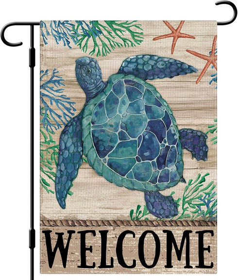 Welcome Sea Turtle Garden Flag 12x18 Inch, Double Sided Burlap Welcome Summer Rustic Coastal Yard Decoration