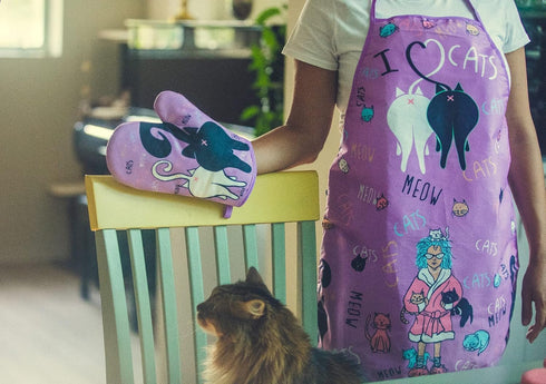 Crazy Cat Lady Funny Pet Kitchen Accessories, Graphic Kitchenwear, Purple Oven Mitt + Apron