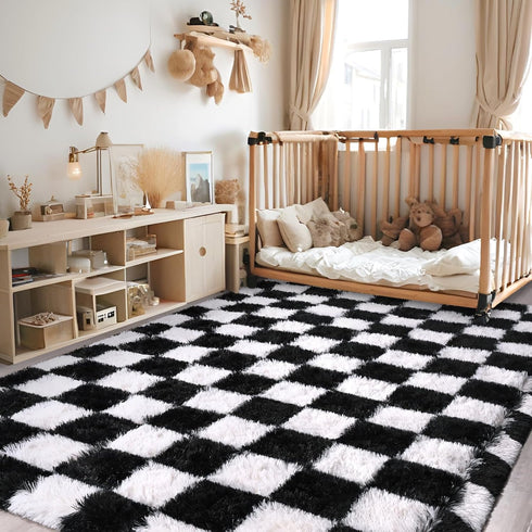 5x7 Rugs for Living Room Bedroom, ft Black and White Checkered Area Rug, Fluffy Soft Washable Carpet, Modern Non-Slip
