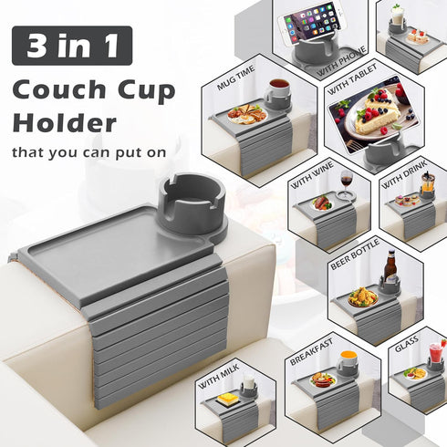 Couch Cup Holder Tray, Large Arm Table Tray with 360° Rotated Phone Holder, 3 in 1 Bamboo Sofa Armrest Organizer