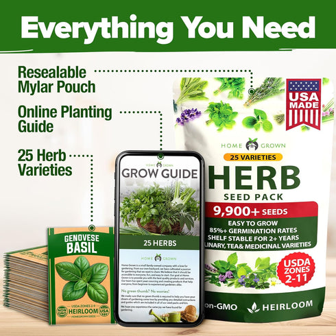 25 8,700+ Pack Set HOME GROWN Herb Seeds for Planting Non-GMO Heirloom Seeds | Extra Large Variety Herb Kit Indoor