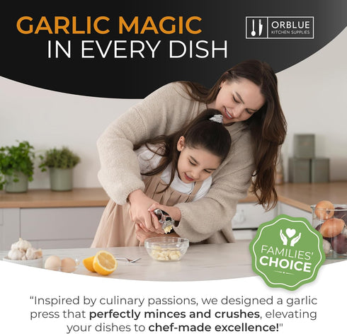 Set ORBLUE Garlic Press Stainless Steel - Premium Professional Grade Garlic Mincer, Crusher & Peeler - Easy Clean