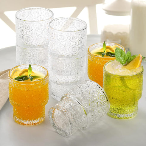 8 Pack 7 oz AVLA Vintage Drinking Glassware, Romantic Water Juice Glass Tumbler Cup, Clear Stackable Coffee Cocktail