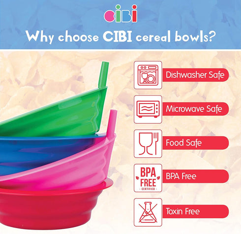 Cibi Cereal Bowls with Straws for Kids, Set of 4 Colorful BPA-Free Toddler Sip-A-Bowls with Built-In Straw for Cereal