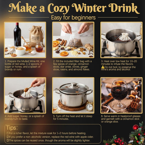 Mulled Wine Spices Kit, Mulling Spices for Apple Cider with Cinnamon, Orange Slices, Star Anise, Cloves, Raisins, Gifts