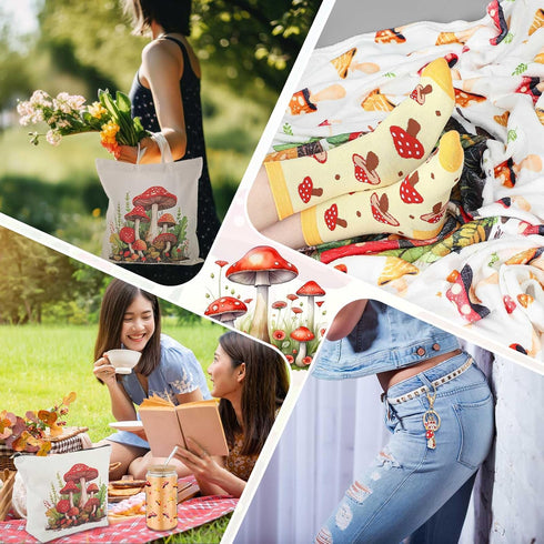 6 16oz Paterr Pcs Mushroom Themed Gifts for Women Christmas Canvas Tote Bag Makeup Bag Print Blanket Socks Glass Coffee