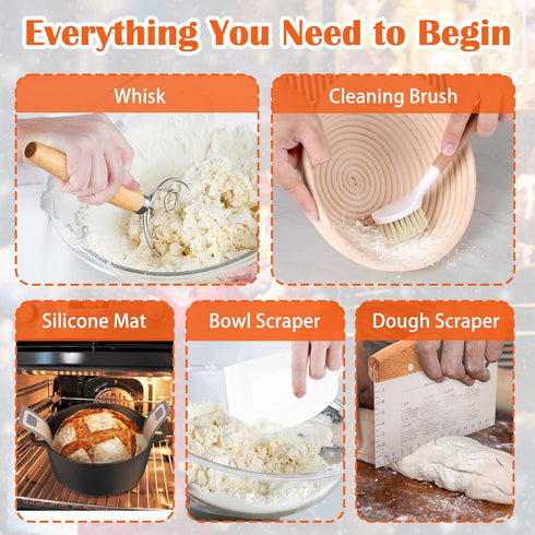 Set, 9'' P&P CHEF Complete Sourdough Starter Kit, Sourdough Bread Baking Supplies Round Bread Proofing Basket