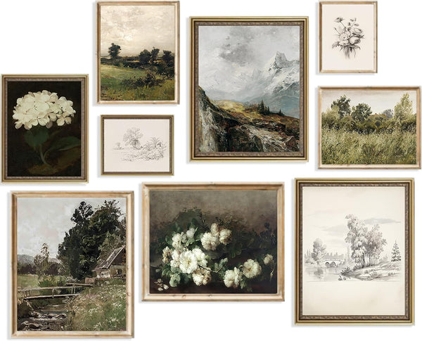 Vintage Wall Art French Country Decor, Dark Green Antique European Landscape Flower Meadow Canvas Prints for Bedroom