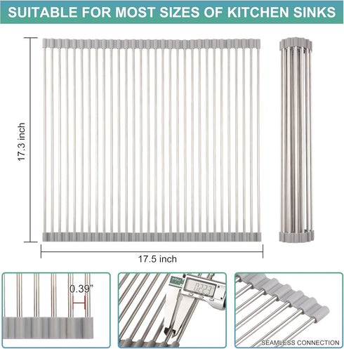 Roll Up Dish Drying Rack, Over the Sink Kitchen Dish Drainer, Foldable Sink Rack Mat, 304 Stainless Steel