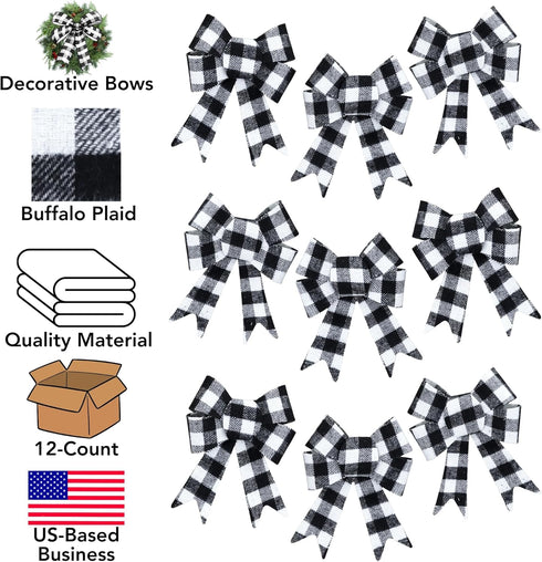 12-Pack Iconikal Black Gingham Decorative Bows, 5 x 7 inches (White Buffalo Plaid)