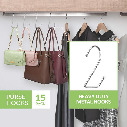 15 Pack Purse Hanger for Closet, Super Sturdy Purse Hooks, Hanging Backpack Bag Holder, Closet Organizers and Storage, Silver by OMHOMETY