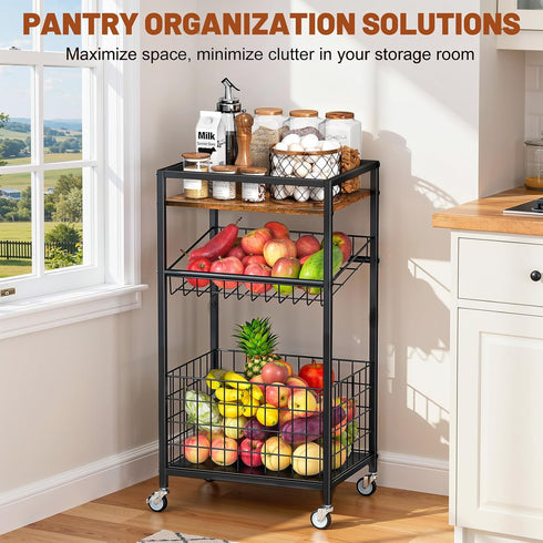 3-Tier Fruit Vegetable Cart, Snack Kitchen Cart on Wheels & Wood Top, Utility Shelf Rack Organizer for Fruit
