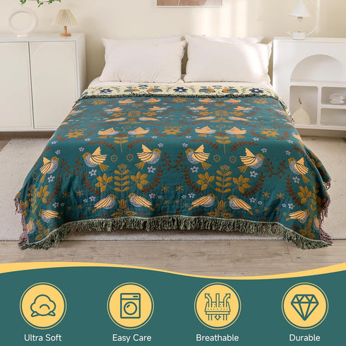 Boho Throw Blanket for Bed Couch, 100% Cotton Woven Bed Throws, Lightweight Soft Cozy Farmhouse Reversible Muslin,