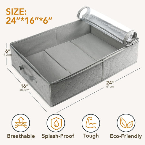 LotFancy Foldable Under Bed Storage Bags - Closet Organizers with Clear Window, 24” x 16” x 6", Gray, Pack of 2