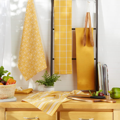 DII Assorted Woven Kitchen Set, 5 Piece - Dishtowel 18x28, Dishcloth 13x13, Mustard