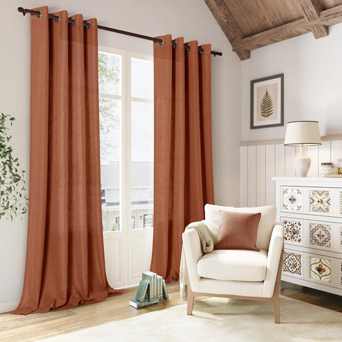 Terracotta Linen Curtains 90 Inch Length, 2 Panels Boho Farmhouse Drapes, Light Filtering Rust Orange Red Semi Sheer