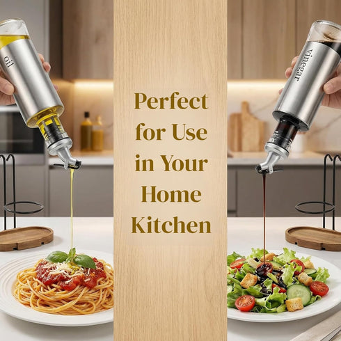 2 Pack Set 10OZ Tebery Olive Oil and Vinegar Bottle with Rack and Wooden Base, Olive Dispenser Glass Cooking Oil Cruet