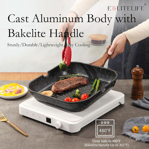 ESLITE LIFE 9.5 Inch Nonstick Grill Pan for Indoor Cooking, Versatile Induction Square Skillet