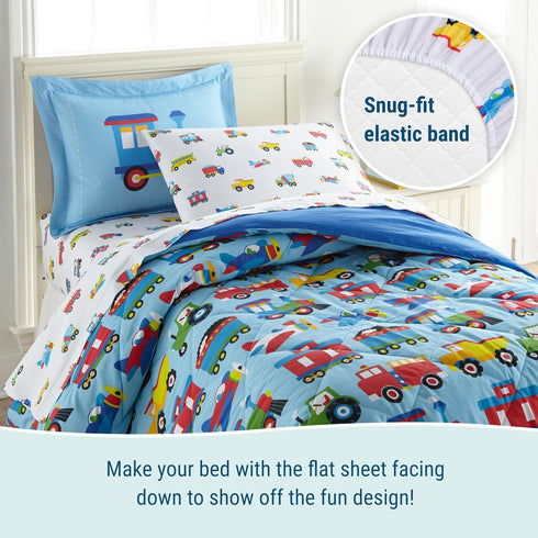 Set 100% Cozy Wildkin Flannel Full Sheet Cotton, Soft & Bed Sheets - Trains, Planes, and Trucks