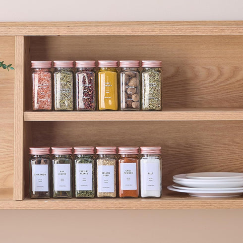 24 4oz Pcs Glass Spice Jars with Labels and Pink Metal Caps, Empty Spice Containers with Shaker Lids, Funnel
