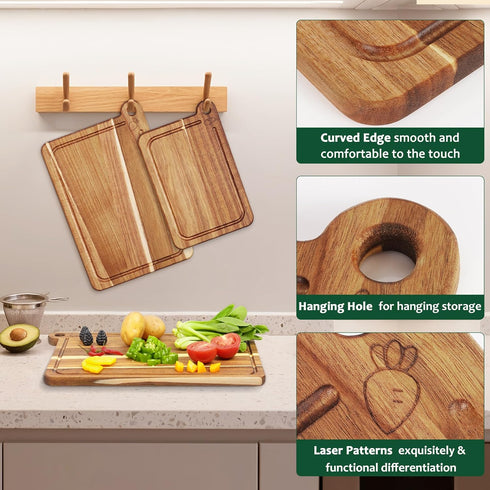 3 Pack Set, Cutting Board Acacia Wood Cutting Boards for Kitchen, Chopping Board with Deep Juice Grooves & Built