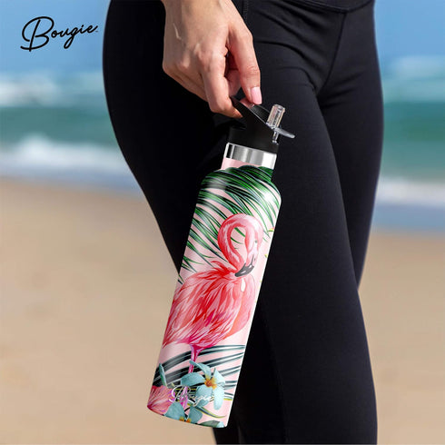 Stainless Steel Water Bottle with Straw, Wide Mouth Double Insulated, Cute Flamingo Gifts for Women, Leak Proof Lid, 25