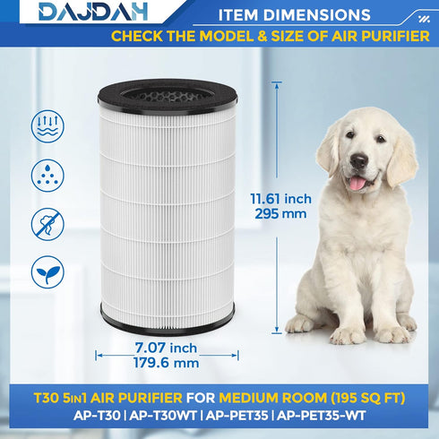 AP-T30FL Replacement Filter - Compatible with Homedics Air Purifier AP-T30, AP-PET35FL Filter for Total Clean