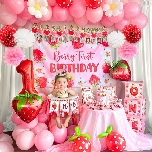 Set 1st RainMeadow Premium Berry First Birthday Decorations - Strawberry Birthday Decorations Girl with Banner