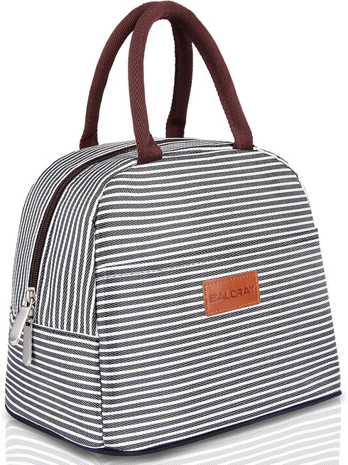 BALORAY Insulated Lunch Bag for Women Men, Reusable Lunch Tote for Work, Picnic, Travel, Black White Stripes