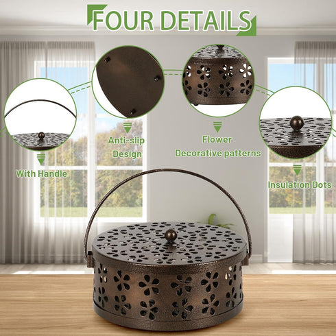Portable Iron Mosquito Coil Holder with Handle, Round Heat-Resistant Incense Holder (Bronze)
