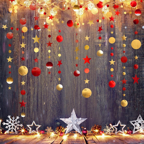 Cheerland Gold Red Star Garland Party Decorations, Burgundy Circle Dots Moon Hanging Backdrop for Birthdays