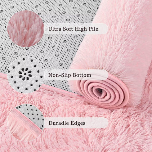 6x9 junovo Pink Washable Area Rug for Girls Bedroom Living Room, Soft Non-Slip Fluffy Rugs, Shag Plush Memory Foam