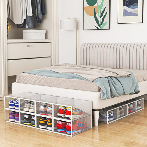 12 Pack Closet, Seseno Shoe Storage Bins, Clear Plastic Stackable Shoe Organizer for Space Saving Foldable Shoe Rack