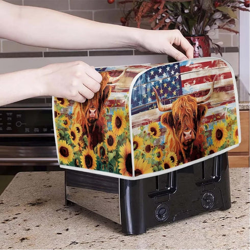 American Flag Toaster Cover, 2 Slice Wide Slot, Highland Cow Sunflower Print, Washable Stain Resistant Small Appliance