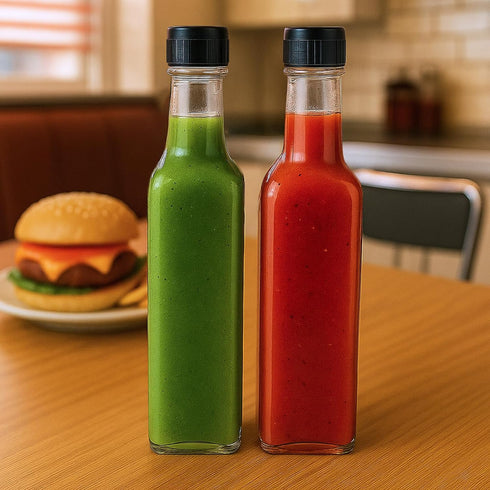WERTIOO 18-Pack Hot Sauce Bottles, 8.5oz Glass Containers with Caps - Square for Homemade Chili Oil, BBQ
