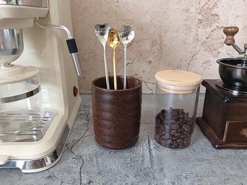 Stoneware Coffee Spoon Holder for Coffee Bar, Tea Spoon Holder Jar Teaspoon Holder Coffee Stirrers Holder Upright Coffee Spoon Holder Cup, Coffee Stir Stick Holder Small Utensil Holder (Rustic Retro)