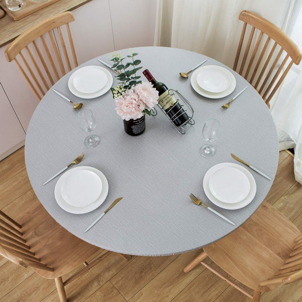NLMUVW Round Vinyl Tablecloth with Elastic Edge - Light Grey Fitted PVC Table Cloth, Waterproof Wipe Clean Cover for