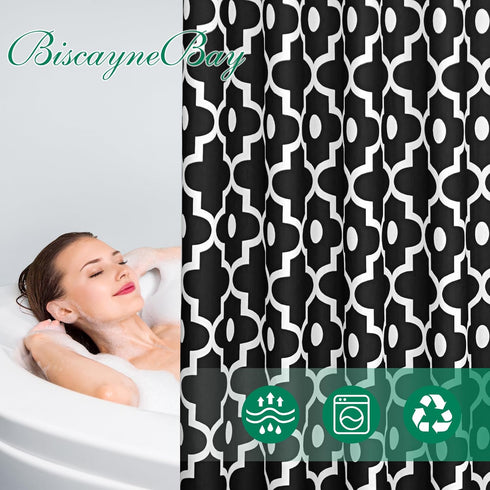 Biscaynebay Textured Fabric Shower Curtains, 72" x 72", Black Morocco Pearl Printed Linen