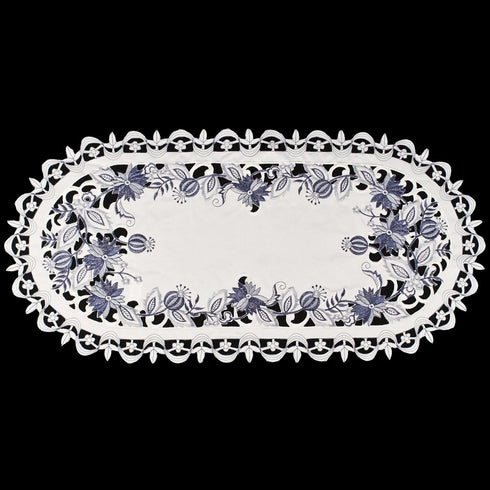 Embroidered Delft Blue Onion Flower Table Runner - Dresser Scarf Doily (14Wx27L)