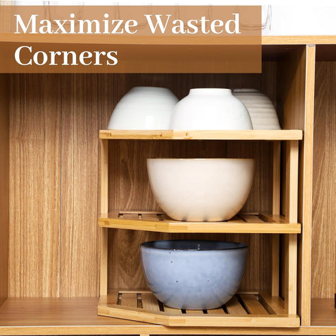 Countertop, 3-Tier 3 (9.5, Plate Organizer for Cabinet and Kitchen Bamboo Corner Shelf - Space Saver, Tier Shelf