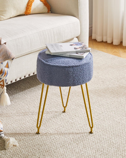 WBD009BU IBUYKE Teddy Velvet Round Footrest Stool Ottoman, Makeup Vanity Stool Side Table, Velvet Dressing Table Seat