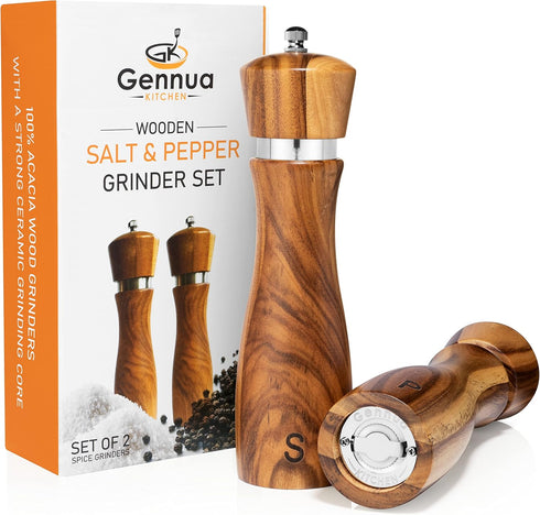 Set: 8 Inches Gennua Kitchen Wooden Salt and Pepper Grinder Refillable Salt & Pepper Mills Adjust for Customized