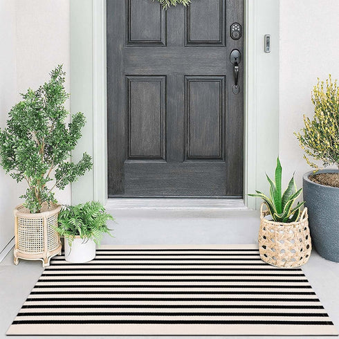 Collive Black and White Striped Door Mat, 27.5" x 43.3", Reversible Washable Front Porch Rug for Indoor Outdoor