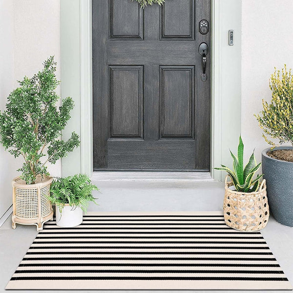 Collive Black and White Striped Door Mat, 27.5" x 43.3", Reversible Washable Front Porch Rug for Indoor Outdoor