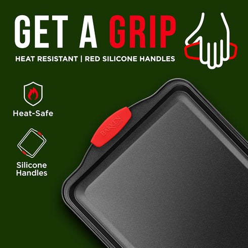Nonstick Cookie Sheet Pan, Carbon Steel Oven Tray with Red Silicone Handles, Small Bakeware with Gray Coating