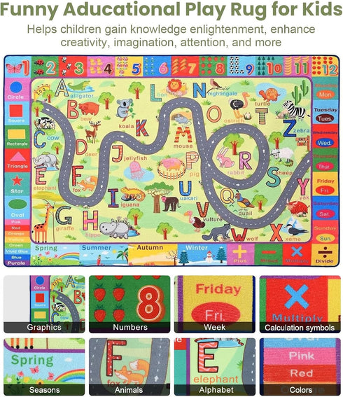 3x5 Terrug Kids Rug for Playroom & Classroom, Washable Nursery Carpet, Non-Slip Play Mat - ABC, Numbers, Animal, Color