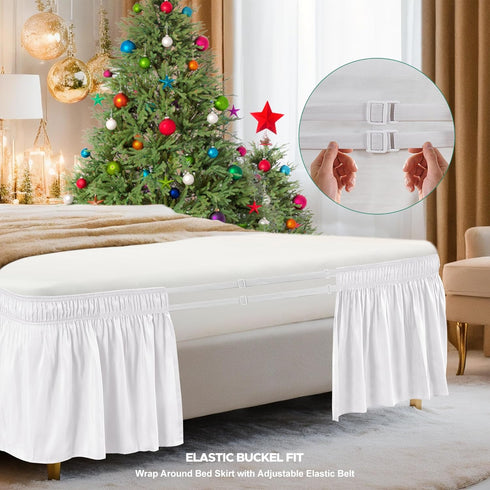 Biscaynebay Wrap Around Bed Skirts - Extra Short Drop of 9" for King & Cal King Beds, White Elastic Dust Ruffles