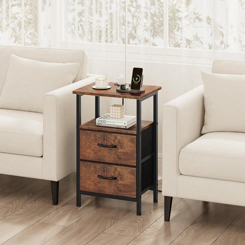 24.2" Vagusicc Nightstand with Charging Station, Small Night Stand with Fabric Drawers for Bedroom, End Table, Bedside