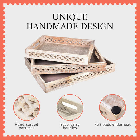 Countertop, 16 12 2.5 Mela Artisans Trellis Whitewash Mango Wood Serving Tray with Handles Handcrafted Wooden Tray