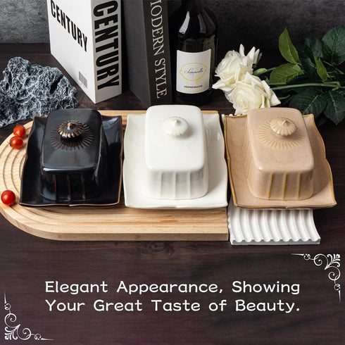 Countertop, 7.5 Inch Butter Dish with Lid for Large Ceramics Butter Dish Container, Butter Holder with Handle, Black
